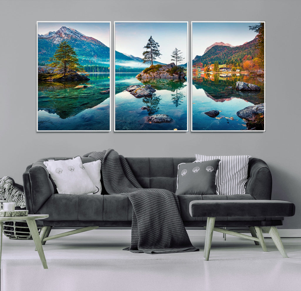 Crystal Clear Lake Wall Art | Mountains Wall Art Canvas | 3 Panel Landscape