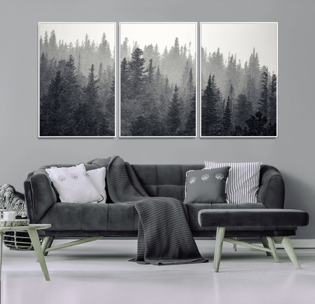 Misty Forest Canvas Wall Art | Monochrome Triptych Pine Tree Print