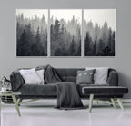 Misty Forest Canvas Wall Art | Monochrome Triptych Pine Tree Print