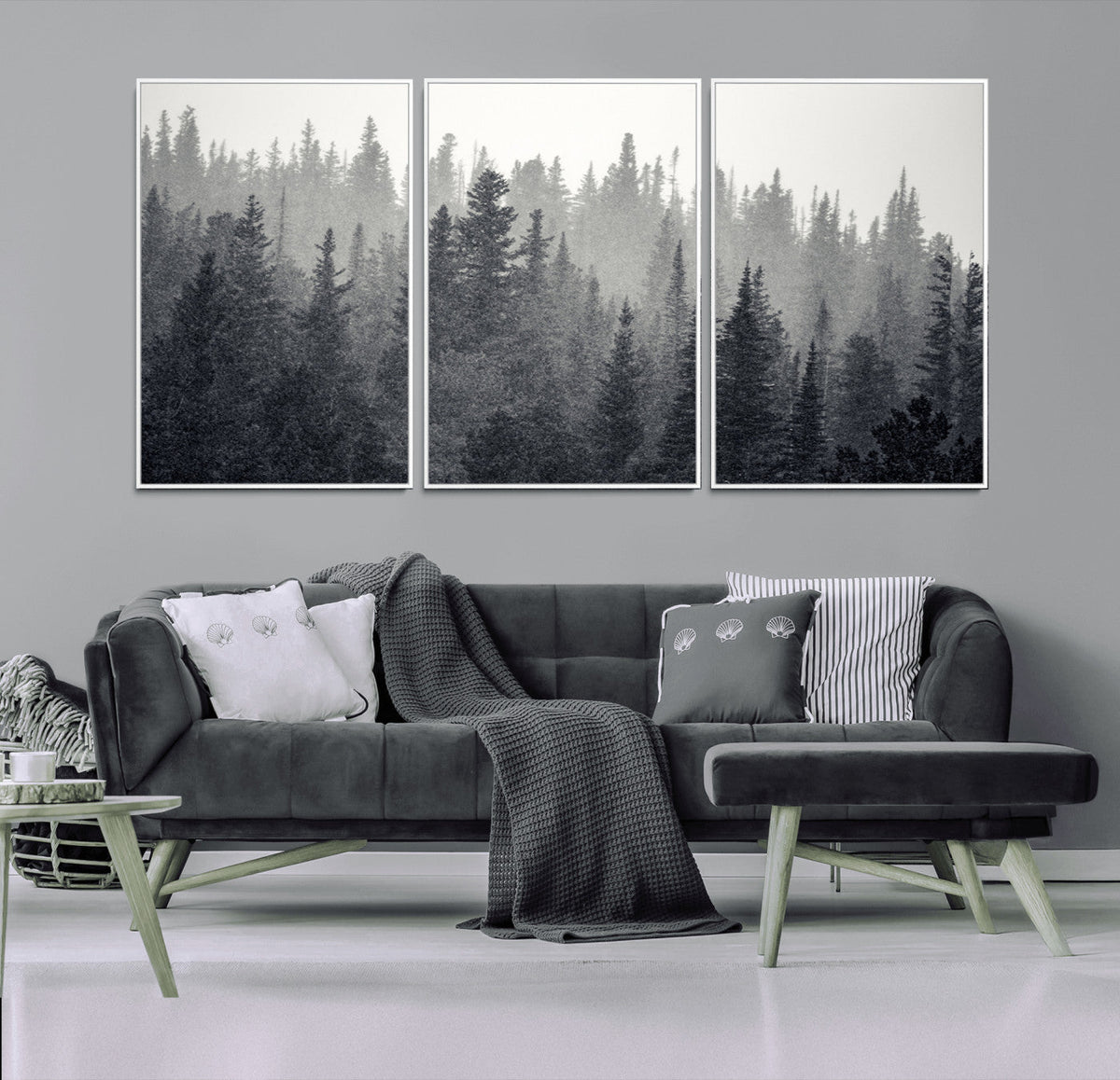Misty Forest Canvas Wall Art | Monochrome Triptych Pine Tree Print