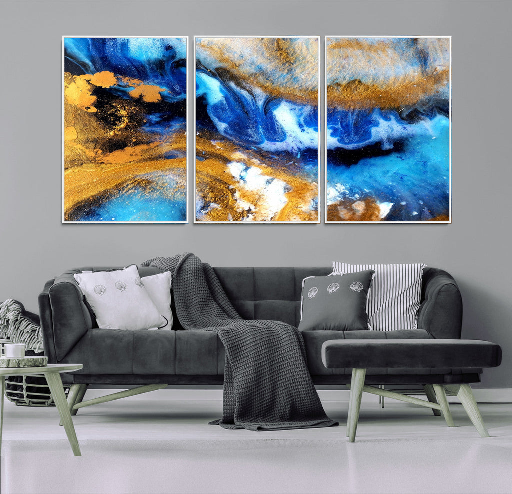 Blue Orange Marble Fluid Effect Canvas Wall Art Print