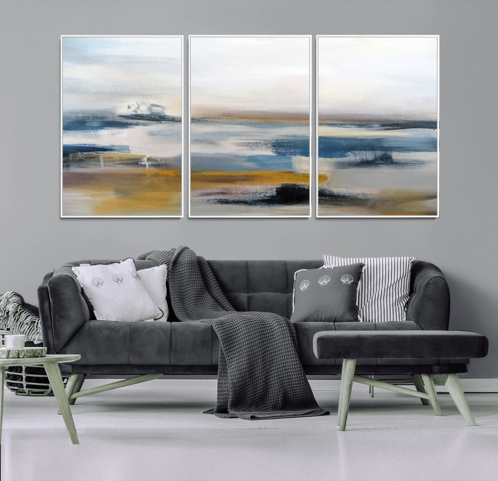 Abstract Landscape Wall Art Canvas | 3 Panel Modern Blue, Gold and White Canvas Art
