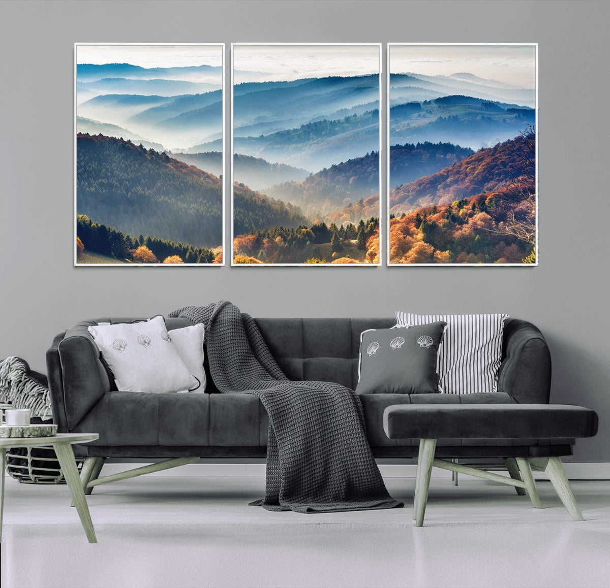 Misty Mountain Sunrise Triptych Canvas Print | Autumn Landscape Wall Art