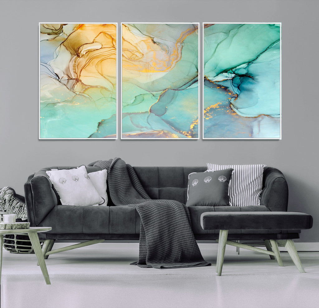 Abstract Aqua and Gold Fluid Wall Art Canvas | 3 Panel Large Canvas Print