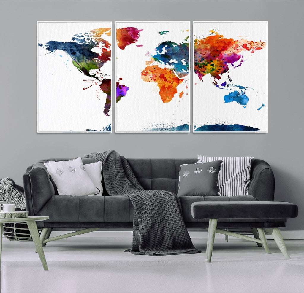 Bold Colorful World Map Canvas Print | Detailed Map of the World Wall Art
