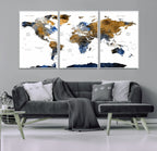 Modern Abstract World Map Canvas Wall Art | Framed Blue and Gold Map Print