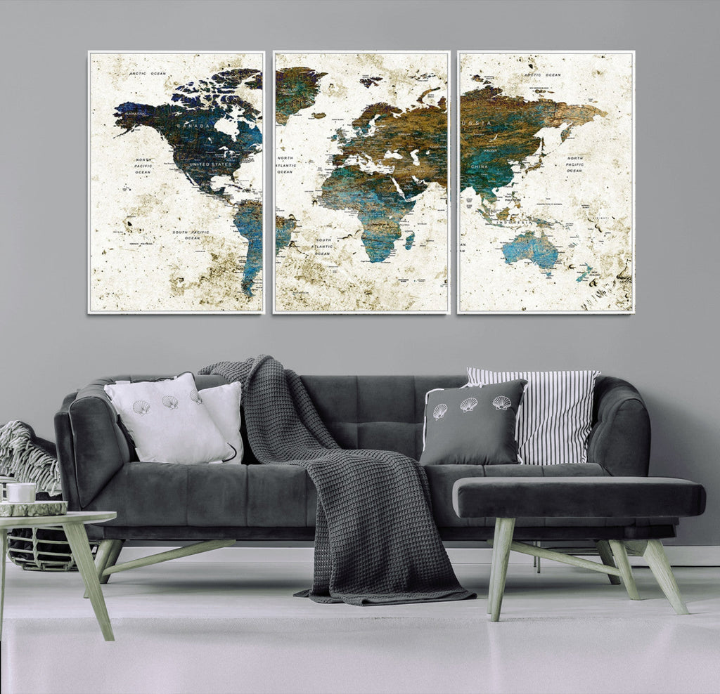 Vintage World Map Wall Art Canvas Print, Framed Rustic Earth Tone Map