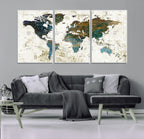 Vintage World Map Wall Art Canvas Print, Framed Rustic Earth Tone Map