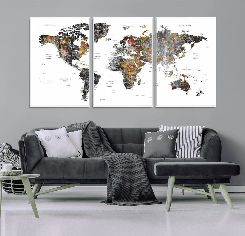 Modern Metallic World Map Canvas Wall Art | Framed Contemporary World Map Print