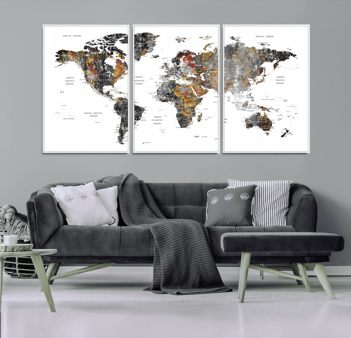 Modern Metallic World Map Canvas Wall Art | Framed Contemporary World Map Print