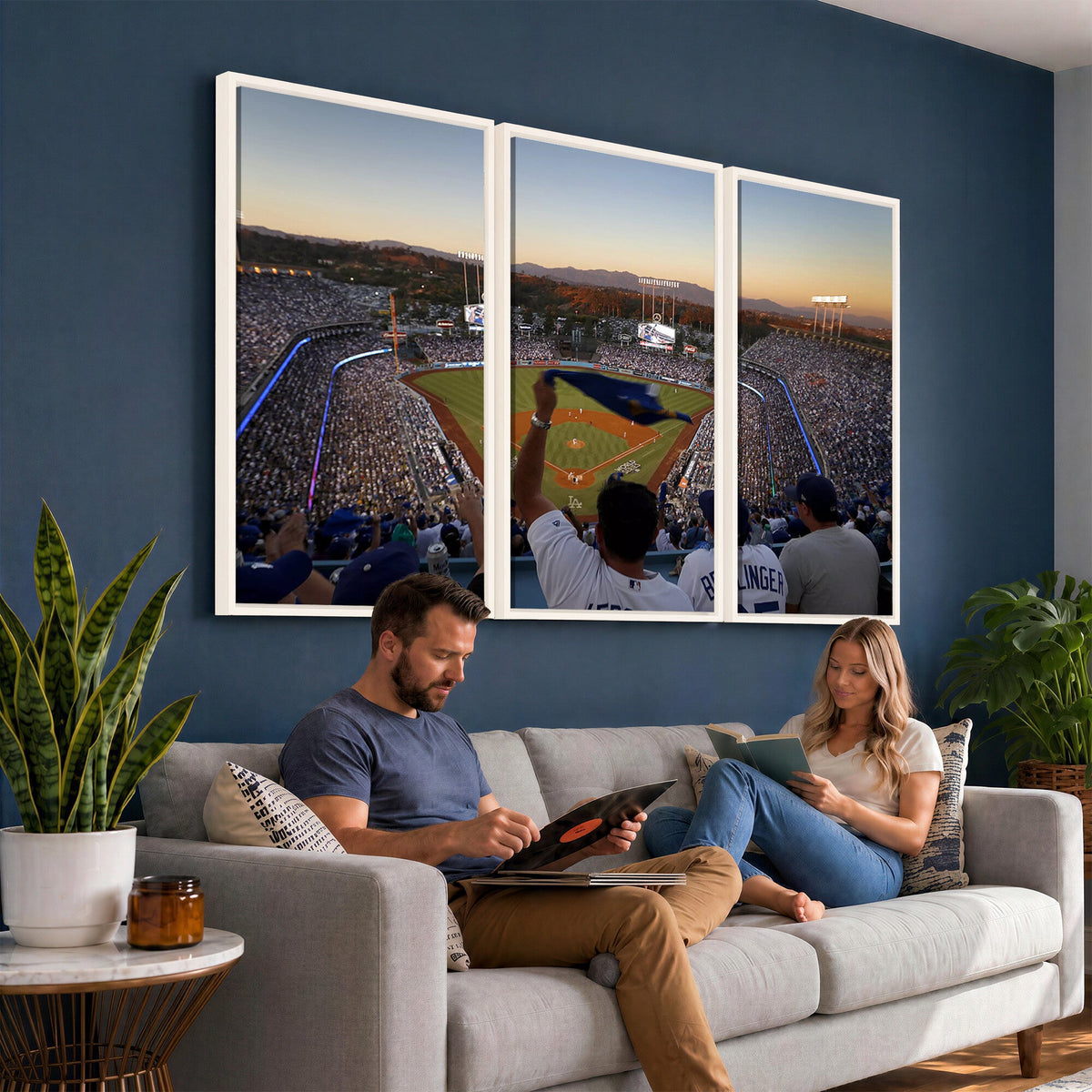 Dodger Stadium Sunset Game Triple Canvas Wall Art, Los Angeles Dodgers MLB Match