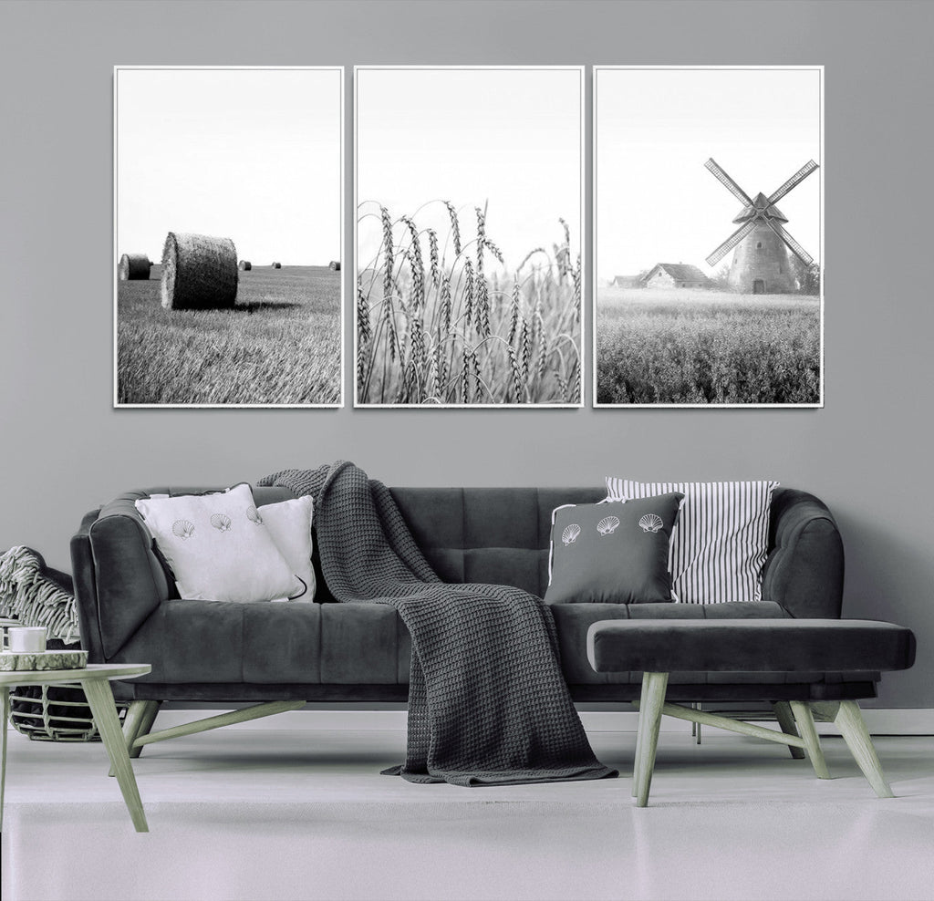 Vintage Farmhouse Black and White Triptych Wall Art, Giclee Canvas with Wheat Fields, Hay Bales and Windmill
