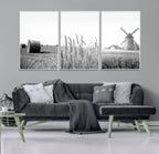 Vintage Farmhouse Black and White Triptych Wall Art, Giclee Canvas with Wheat Fields, Hay Bales and Windmill