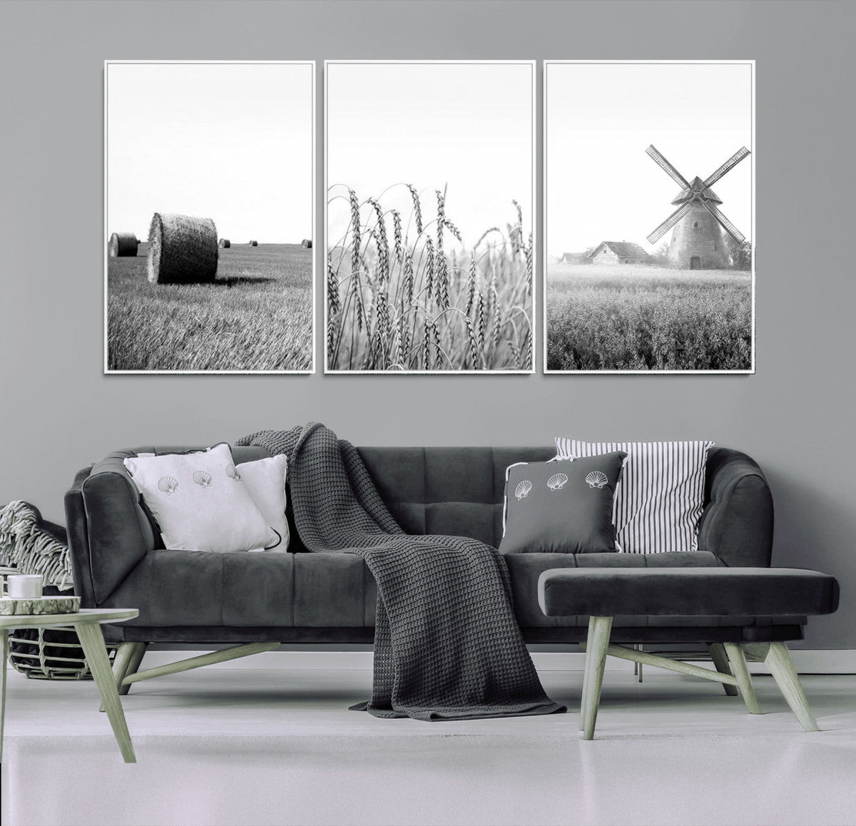 Vintage Farmhouse Black and White Triptych Wall Art, Giclee Canvas with Wheat Fields, Hay Bales and Windmill