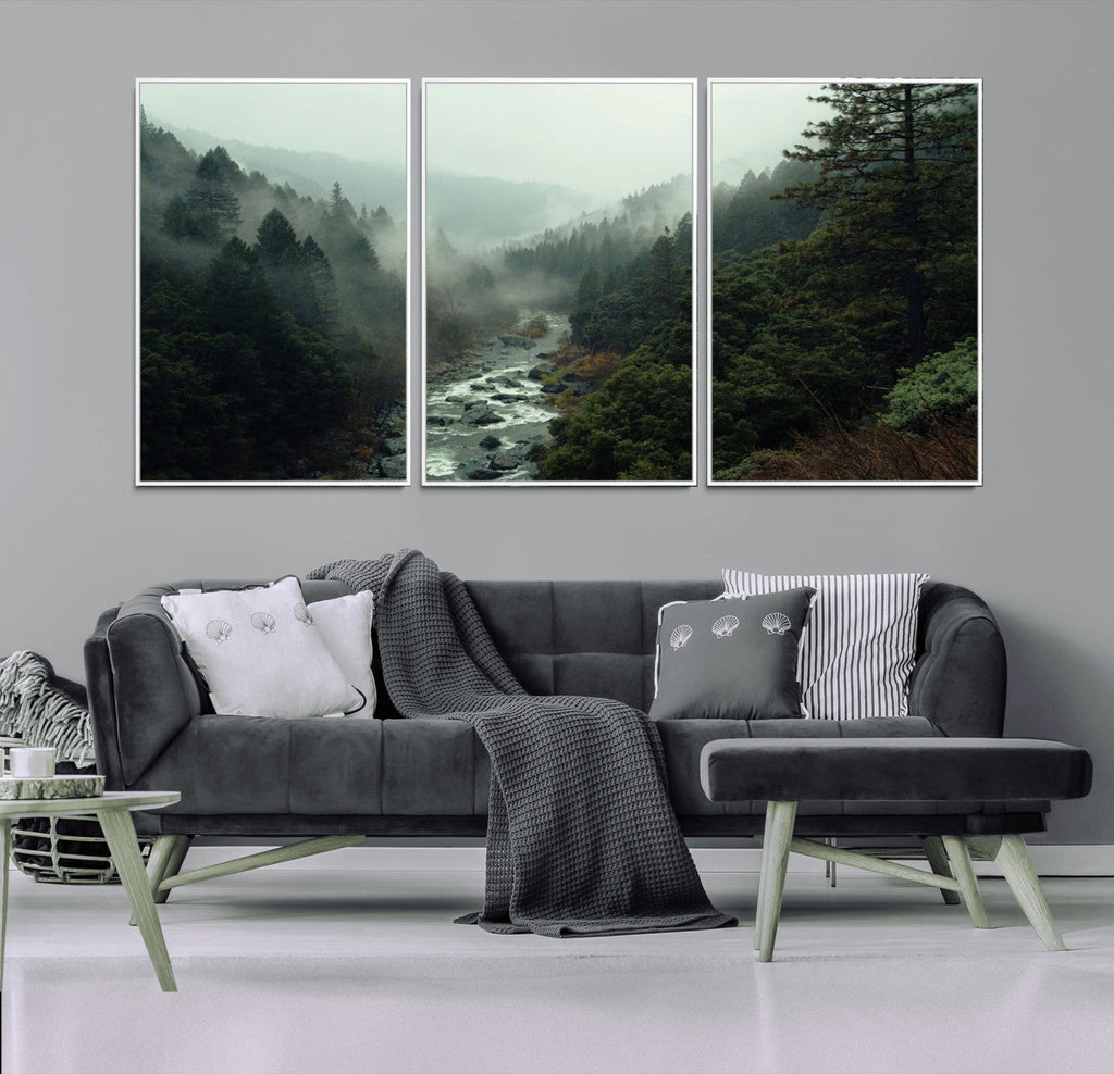Misty Forest Wall Art, Tranquil Nature Landscape, Ready to Hang | Extra Large 3 Piece Canvas Wall Art