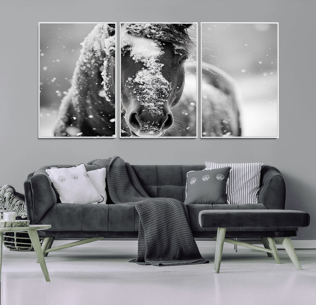 Black and White Horse Winter Wall Art, Ready to Hang
