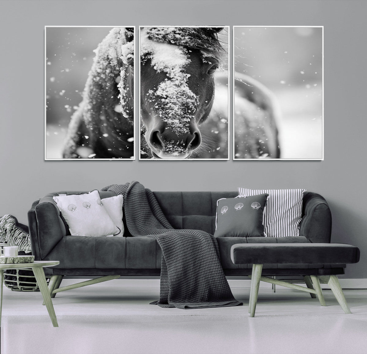 Black and White Horse Winter Wall Art, Ready to Hang