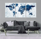 Modern Blue World Map Canvas Print | Elegant Travel Map Wall Art for Home Office