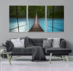Suspension Bridge Over River Canvas Art | 3-Panel Nature Wall Art