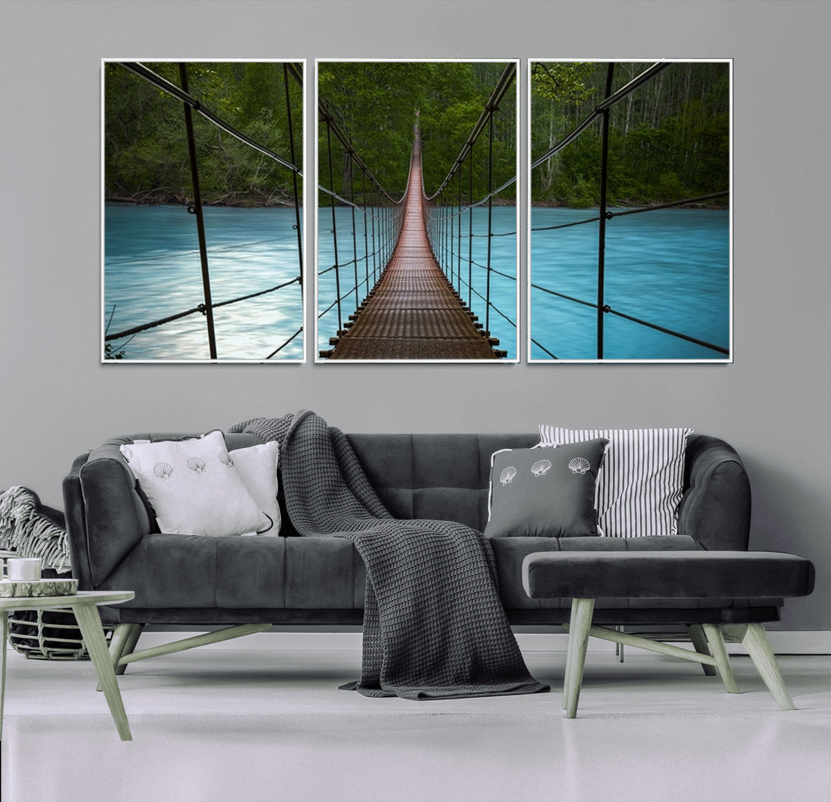Suspension Bridge Over River Canvas Art | 3-Panel Nature Wall Art