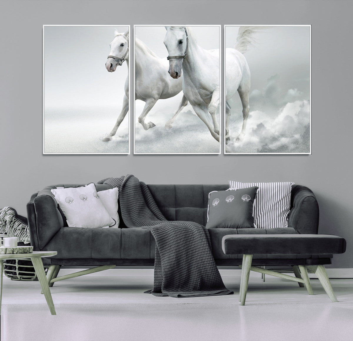 Large Wall Art Canvas Print, Beautiful Running White Horses