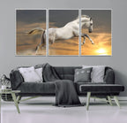 Large Wall Art Canvas Print, White Jumping Horse at Sunset