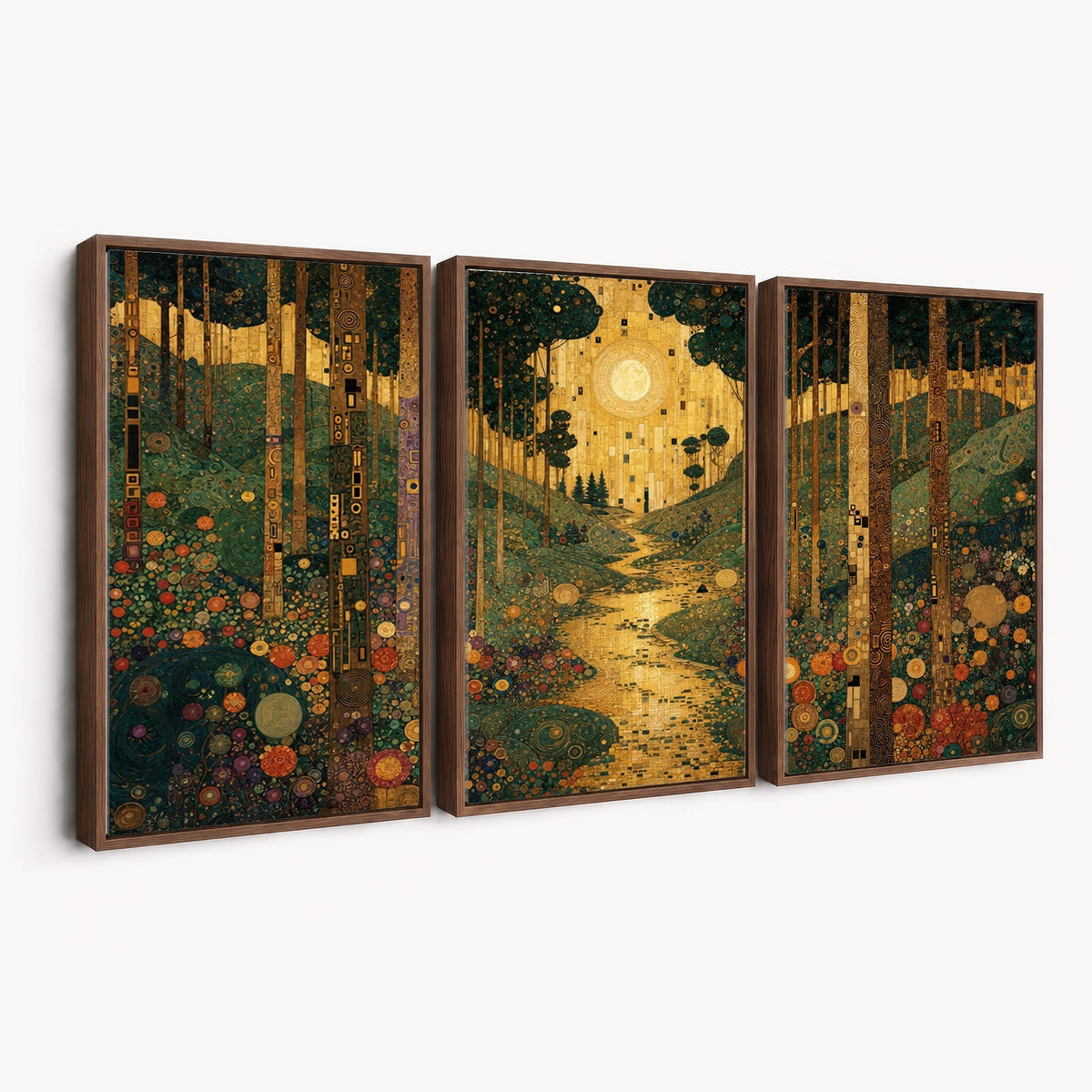 Gustav Klimt Style Forest Canvas Wall Art, Golden Forest Path Floral Art Nouveau Print