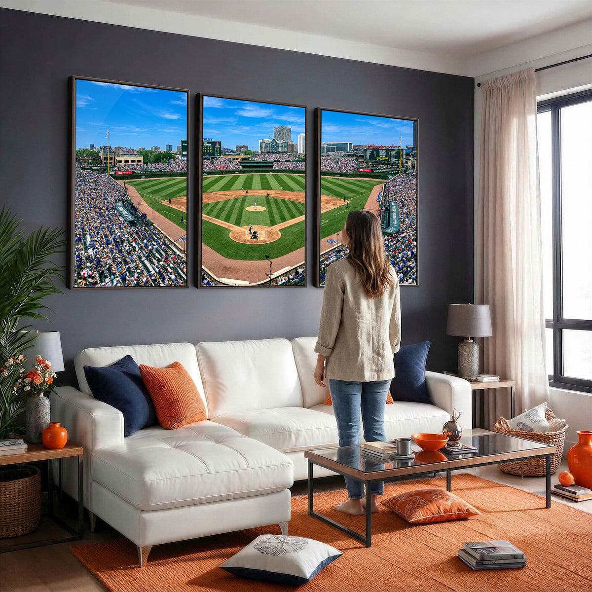 Wrigley Field Baseball Stadium Canvas Wall Art, Packed Crowd and Chicago Skyline