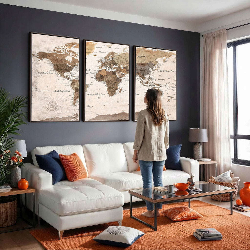 Modern World Map Canvas Print | Framed Travel Map Wall Art