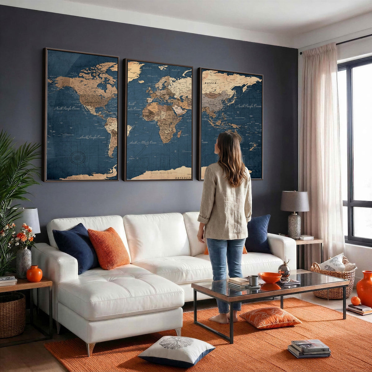 Navy Blue World Map Canvas Print | Framed Travel Map Wall Art