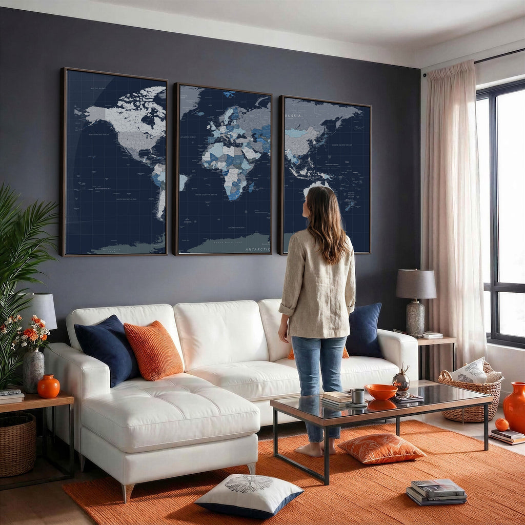 Blue Detailed World Map Wall Art Canvas Print | Modern Framed Map