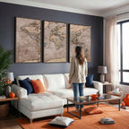 Grunge World Map Canvas Wall Art - Vintage Aged World Map with Golden Tones
