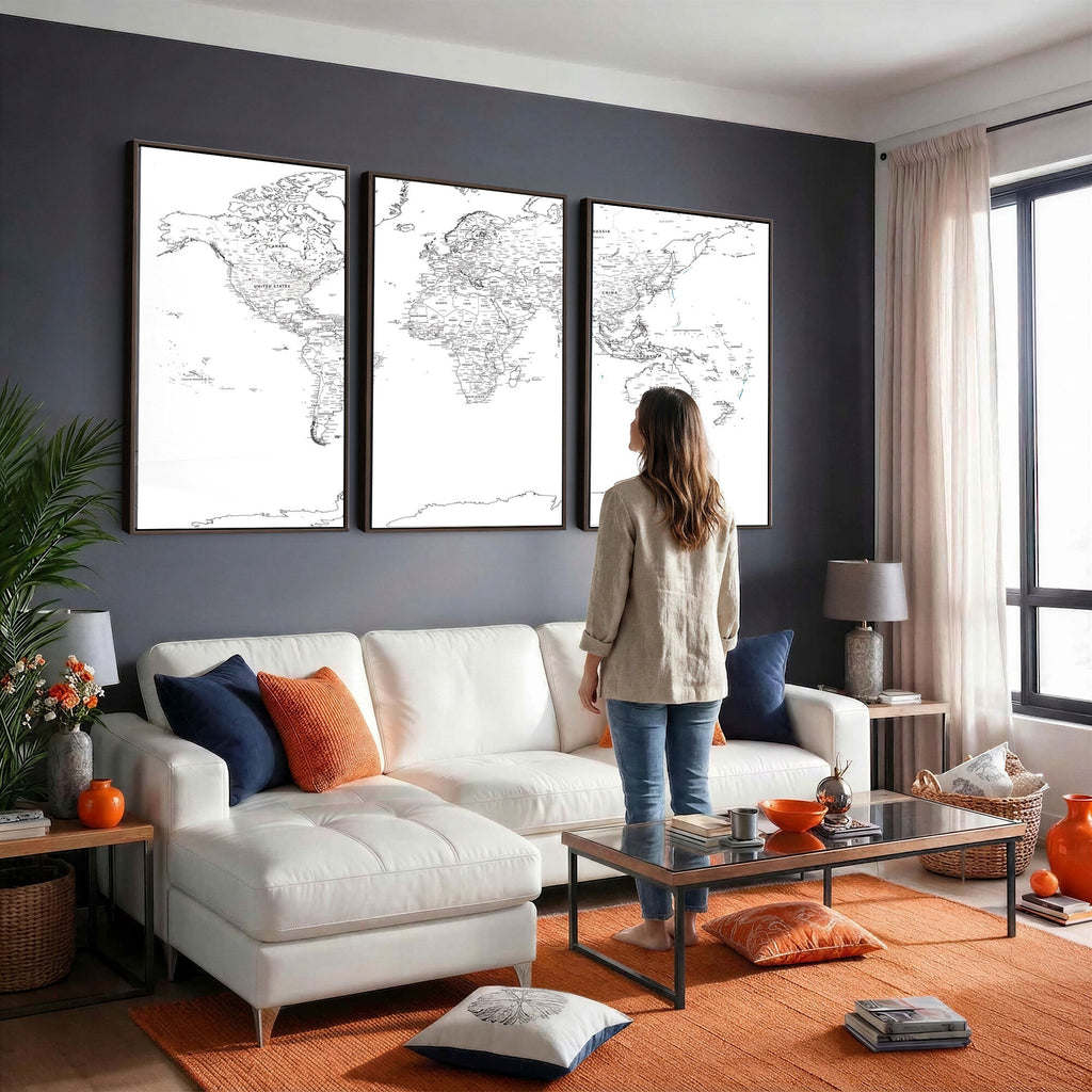 World Map Canvas Print, Framed Modern Detailed Map of the World for Home or Office