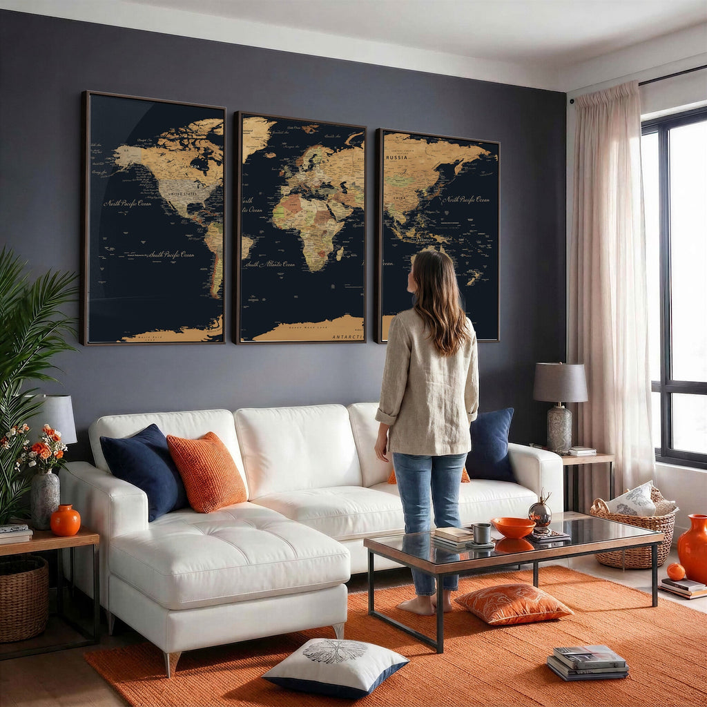 Vintage World Map Earth Globe Countries Oceans Continents