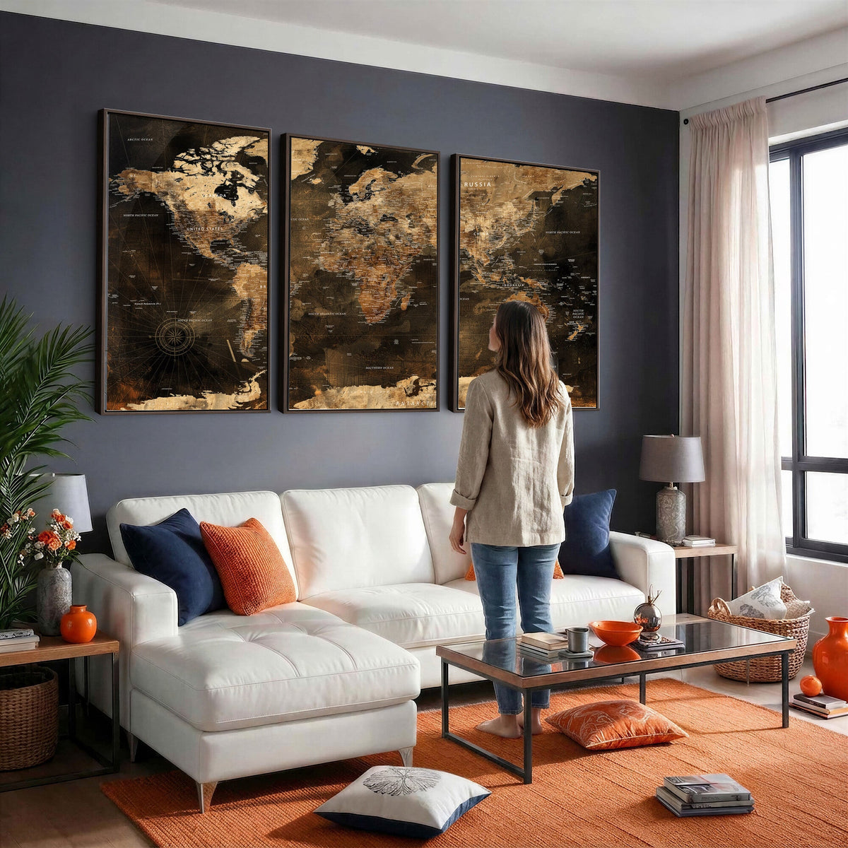 World Map Canvas Print, Modern Decorative Framed Map Artwork