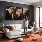 Brown World Map Canvas Print | Modern Travel Map Wall Art