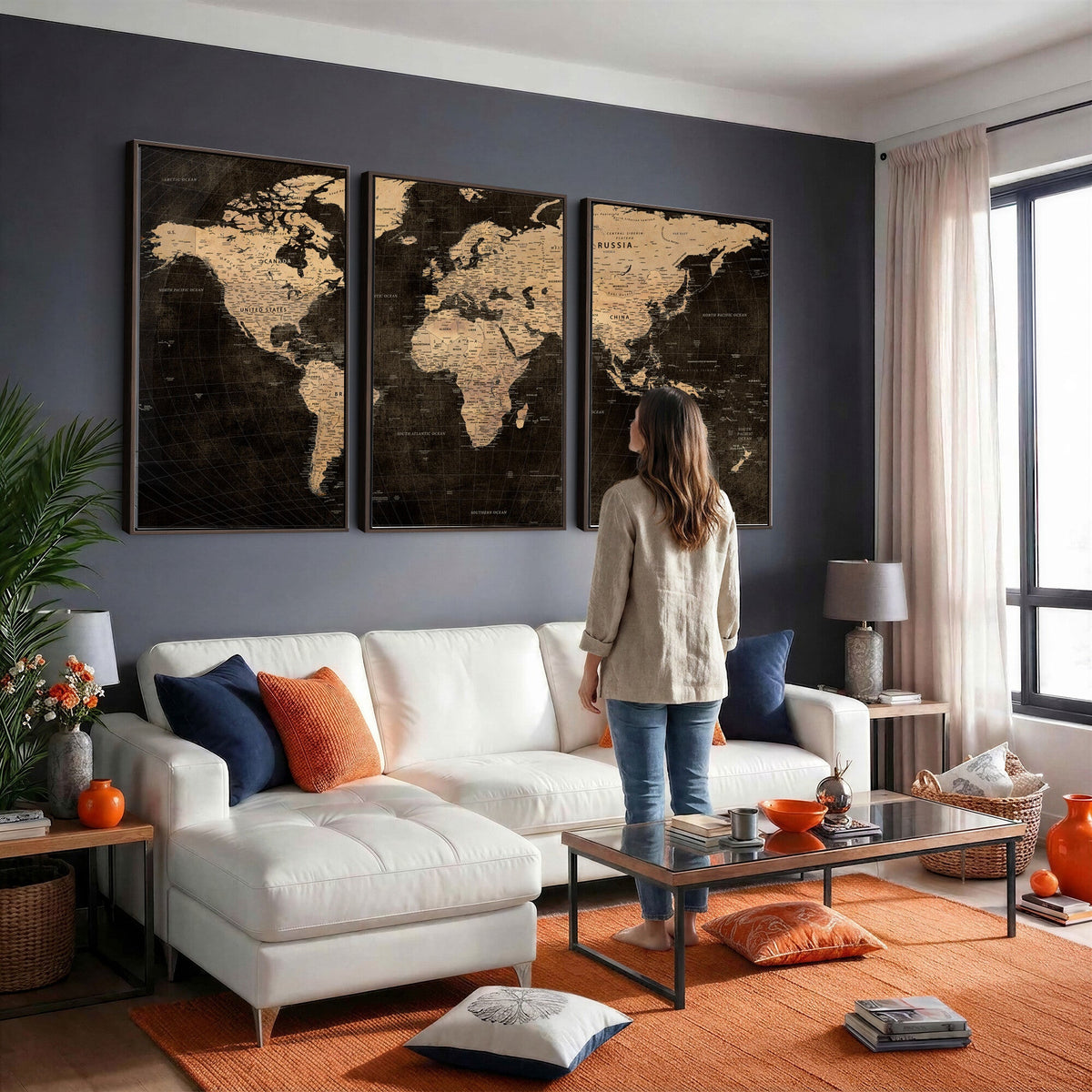 Brown World Map Canvas Print | Modern Travel Map Wall Art