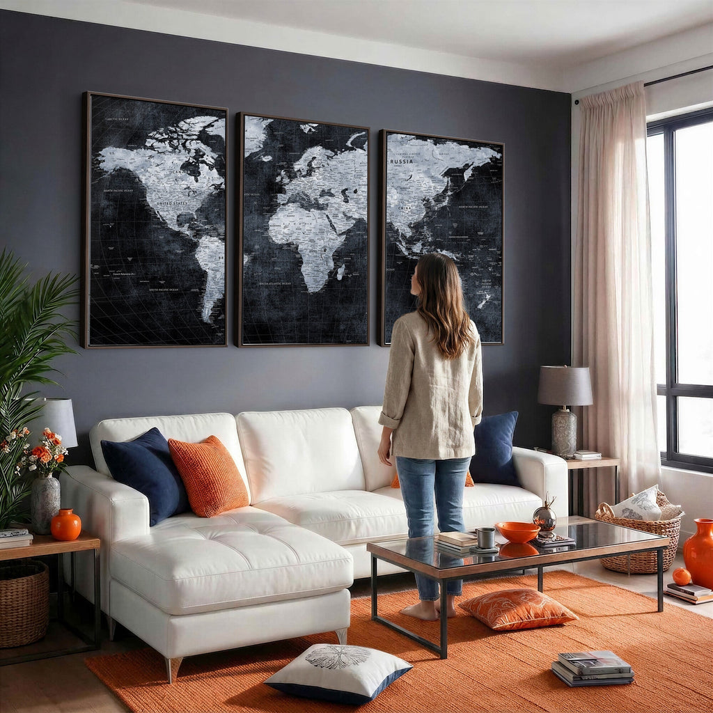 Black World Map Canvas Print | Detailed Map for Couples and Anniversary Gift
