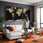 Beige World Map Canvas Wall Art Print, Minimal Black and Beige Map