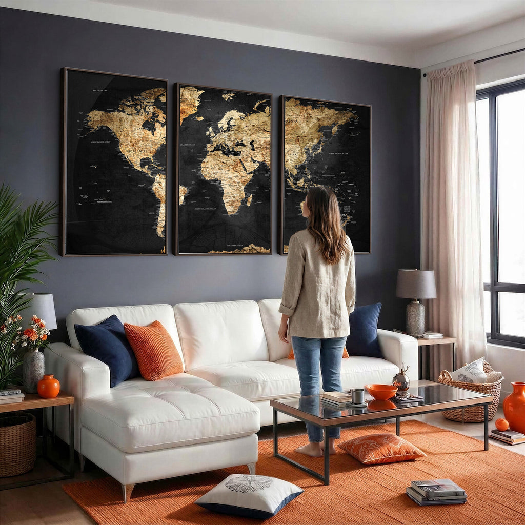 World Map Canvas Wall Art with Famous Landmarks | Framed Travel Map