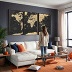 Vintage Blue and Brown World Map Canvas Wall Art | Framed Rustic Map Print