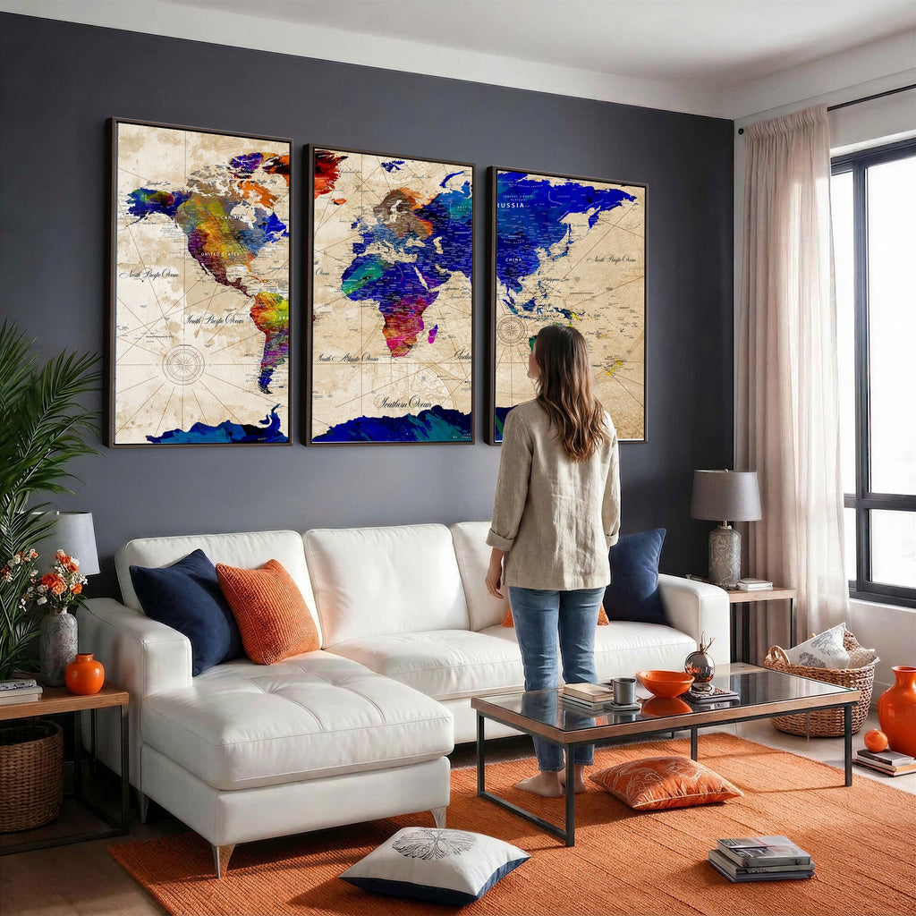 Watercolor World Map Canvas Print | Framed Wall Art for Couples
