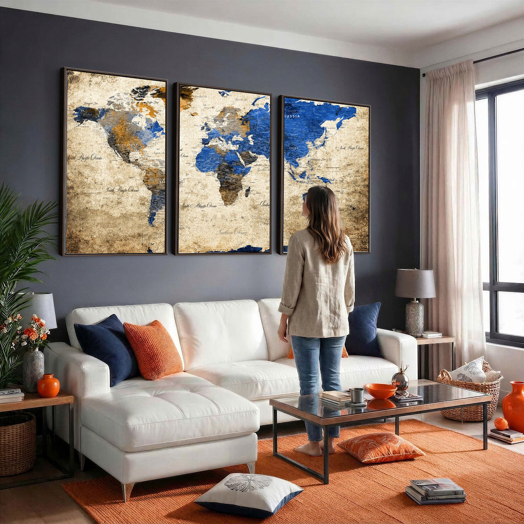 World Map Canvas Print | Colorful Abstract Travel Map, Framed Wall Art