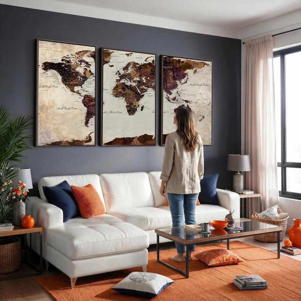 World Map Canvas Triptych | Colorful Global Wall Art for Living Rooms