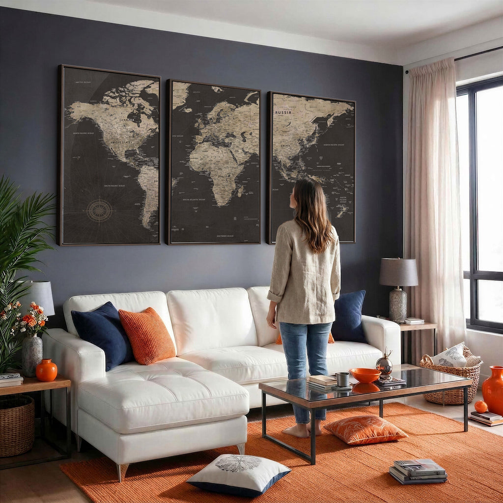 World Map Canvas Wall Art, Dark Charcoal and Antique Tan Detailed Map