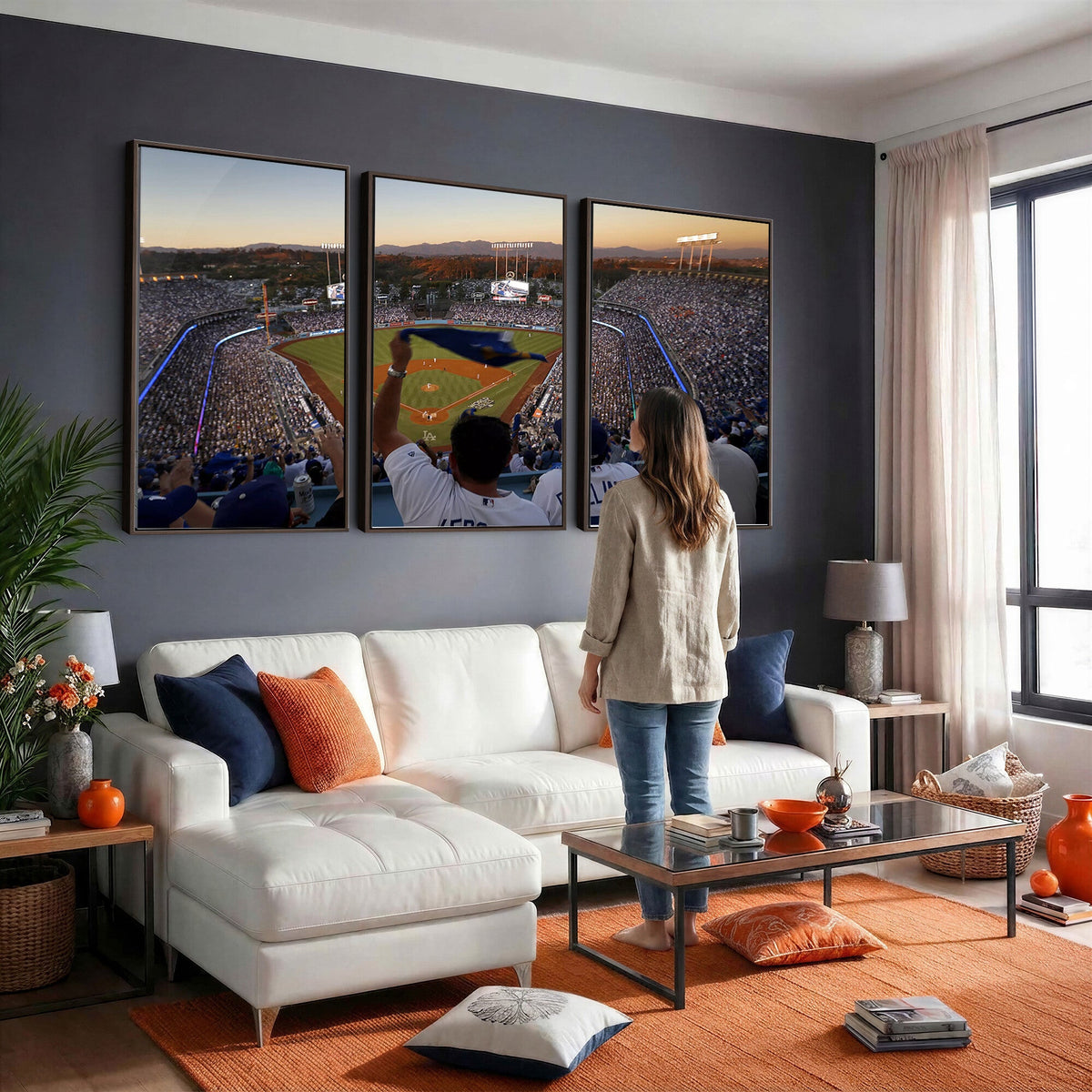 Dodger Stadium Sunset Game Triple Canvas Wall Art, Los Angeles Dodgers MLB Match