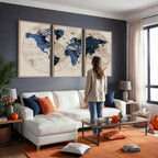 Vintage Blue World Map Canvas Wall Art | Antique Style Framed Map Print