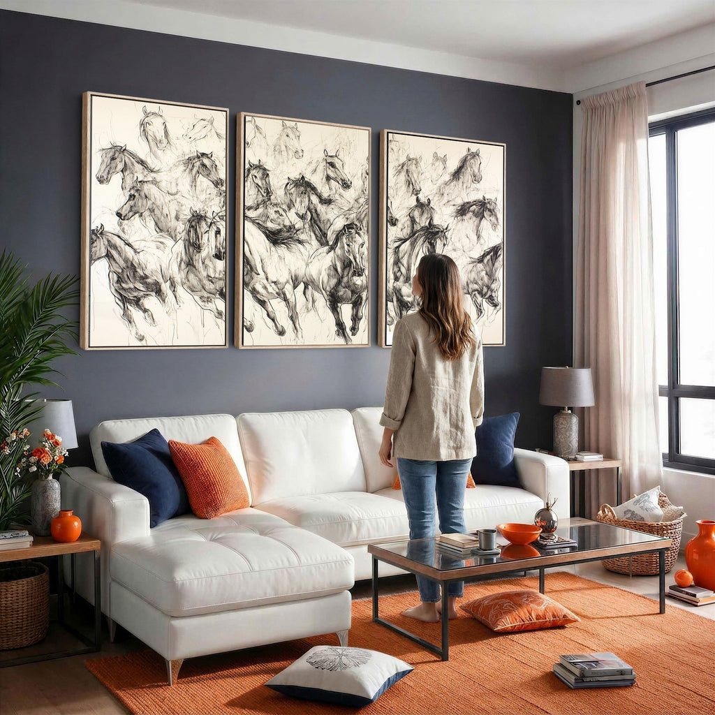 Running Horses Wall Art Canvas Print, Framed Galloping Herd Monochrome Sketch Art