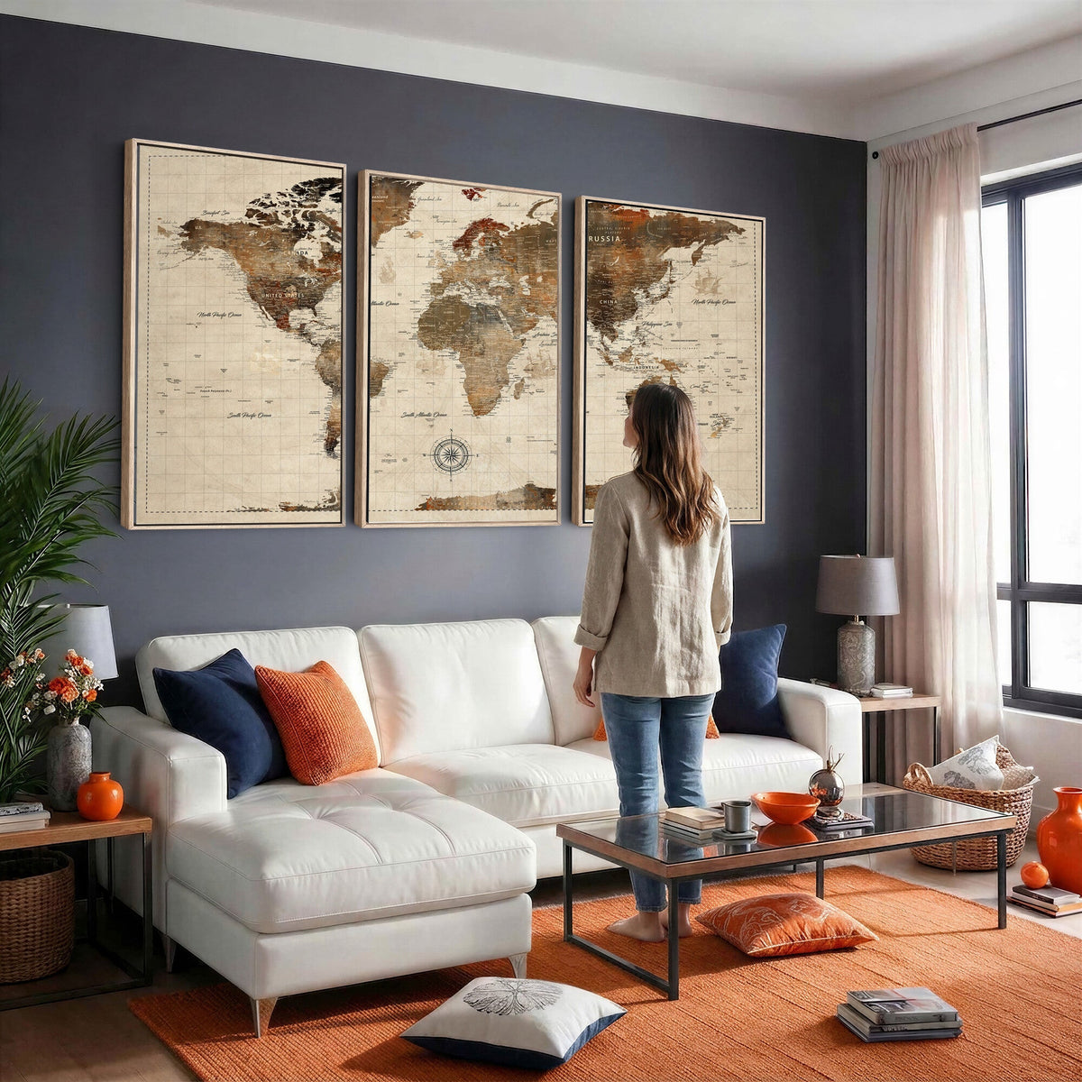Vintage World Map Wall Art Canvas Print for Living Room, Office and Study