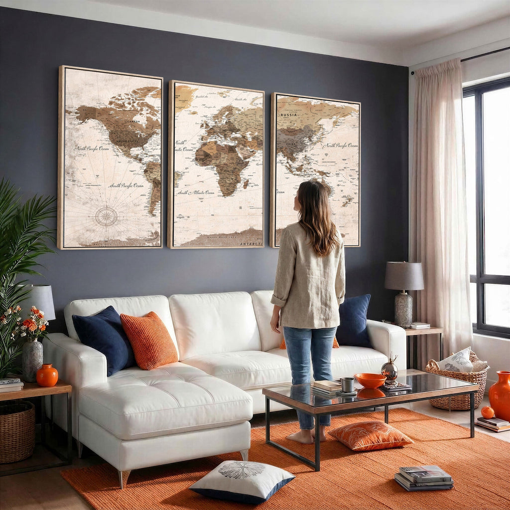 Modern World Map Canvas Print | Framed Travel Map Wall Art